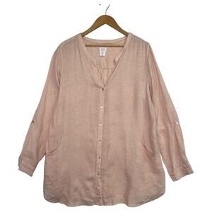 Sigrid Olsen Shirt Womens XL Pink Linen Button Front Tunic Blouse Long Sleeve